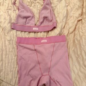 SKIMS Pink Ribbed Bralette and High Waist Shorts Set